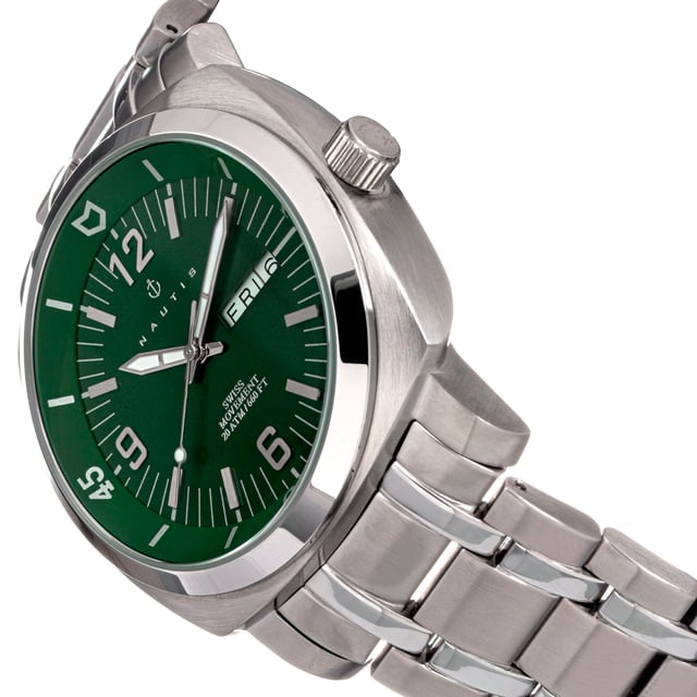 316L Surgical-Quality Stainless Steel Case; Accurate Swiss Quartz Movement; Non-Glare Scratch-Resistant Mineral Crystal; Logo-Engraved Stainless Steel Caseback; 316L Surgical-Quality Stainless Steel Bracelet; Logo-Engraved Stainless Steel Fold-Over Push-Button Deployment Clasp; Luminous Hands; Day Indicator; Date Indicator; 45mm Case Diameter; 20 ATM Water Resistance (Professional Deep Diving Approved);