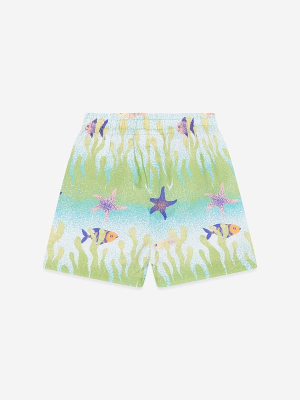 Introducing the high-end Baby Boys Under The Sea Shorts in Green by Molo. The perfect addition to spruce up your baby boy's holiday wardrobe, this piece asserts style and comfort hand in hand. Here's what sets it apart:  Playful Print: This trendy sea-themed print adds zest and vibrancy to these shorts, making it a striking ensemble.  Supreme Comfort: Crafted from top-tier materials, these shorts offer unparalleled comfort, allowing your little one to frolic around with ease. Wardrobe Makeover: Step up your baby boy's fashion game with these Under The Sea Shorts in Green by Molo. Secure your pair today and let your little man make a stylish splash!