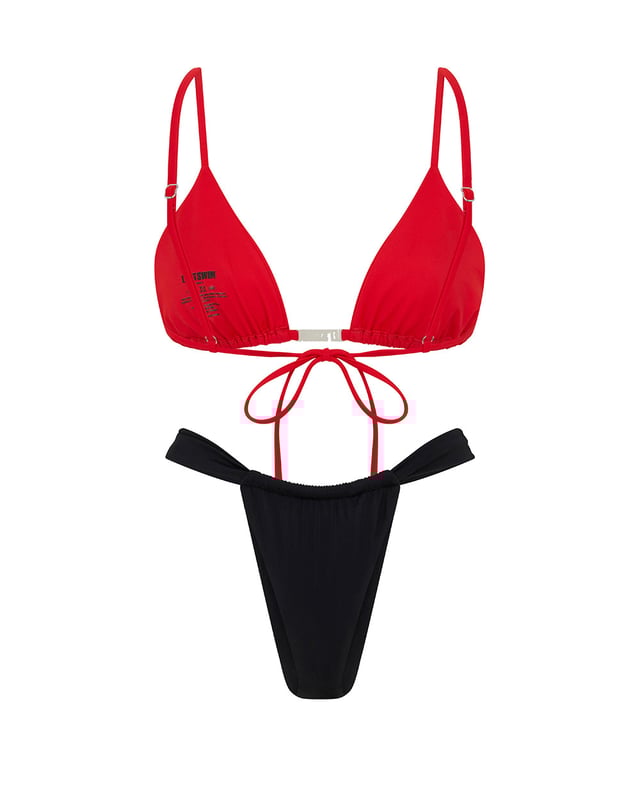 Our LET'S SWIM logo takes centre stage on this bikini top. Crafted from sustainable materials and in our very own Danger Red colourway, this piece is made for ocean lovers. All you need to do is adjust the straps to your fit and the sea is yours. Mix and match colours and pair with the black ruched bikini bottom for full impact.