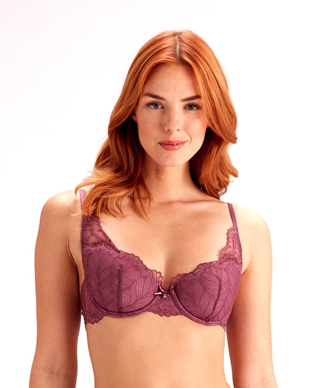 A delicate leaf patterned lace in a high apex style bra with lightly padded cup coordinated with a matching Brazilian brief with satin front lining.
