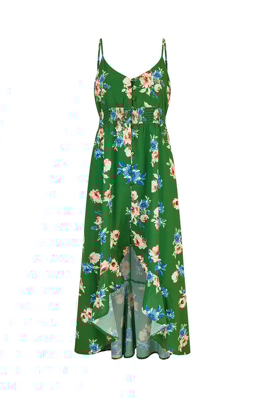 Spring in to summer in this gorgeous strappy midi dress from Mela. In an all over in house design floral print, with a ruched waistline, button details and that stunning flowy dip hem. Perfect for strolls on a beachfront, or those high summer wedding invites!