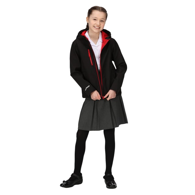 Regatta Childrens/Kids Ablaze 3 Layer Soft Shell Jacket (Black/Classic Red) Material: 100% Polyester. Lining Material: 100% Fleece. Lining: Contrast. Fabric: Softshell, Woven. Design: Reflective Detail. Fabric Technology: Breathable, Waterproof, XPT. 3 Layer Membrane, Contrast Zip, Inner Zip Guard. Neckline: Hooded. Sleeve-Type: Long-Sleeved. Hood Features: Elasticated, Grown On Hood. Pockets: 2 Zip Pockets, 1 Chest Pocket, Zip. Fastening: Full Zip. 10000g/m²/24hrs. Sustainability: Made from Recycled Materials.