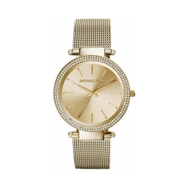 Een glamoureuze stijl uit de Darci collectie van Michael Kors MK3368. Uitgevoerd in een elegante champagnekleurige wijzerplaat met gouden baton uurmarkeringen en slanke gouden wijzers. . Dit prachtige uurwerk heeft een glinsterende lunette en een ronde wijzerplaat met een mesh band. EAN 0796483142060