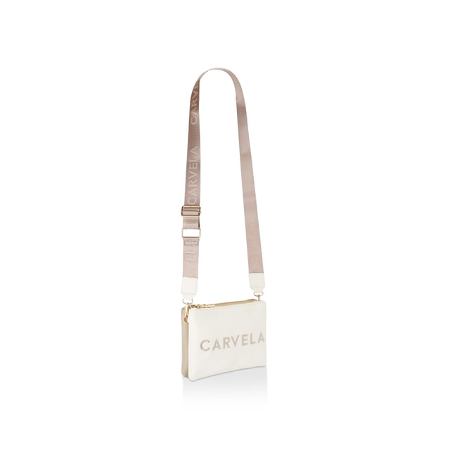 This Carvela Frame Double Pouch bag features two bone and blush pouches with embossed branding on the front. The two compartments are closed with gold tone zips. 16cm (H), 22cm (L), 4cm (D). Strap length: 121cm.