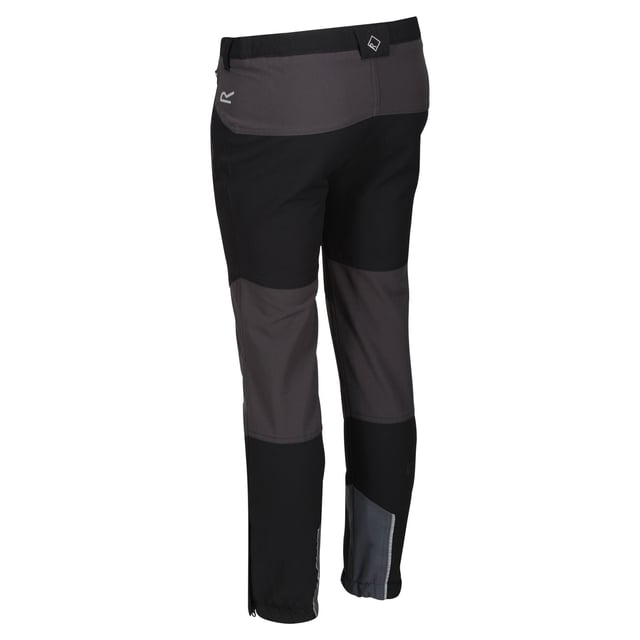 Regatta Childrens/Kids Tech Mountain Hiking Trousers (Black/Ash) Fabric: Stretch, Woven. Design: Colour Block. Fastening: Button, Zip. Fabric Technology: Isoflex. Moisture Wicking, Quick Dry, Reflective, Water Repellent. Pockets: 2 Zip Pockets. Waistline: Part Elasticated.
