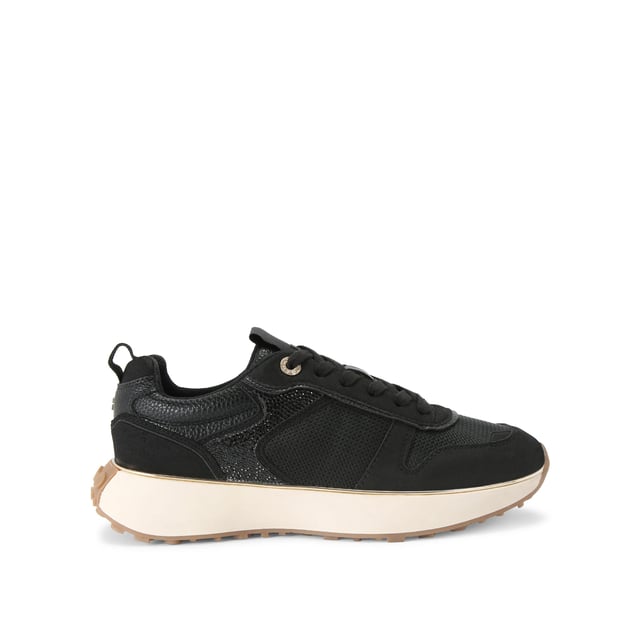 This KG Kurt Geiger Logan trainer features a black fabric upper with mesh panels and a crystal embellishment. The front laces up with two gold eyelets. The sole is in an off-white shade with gum tread.