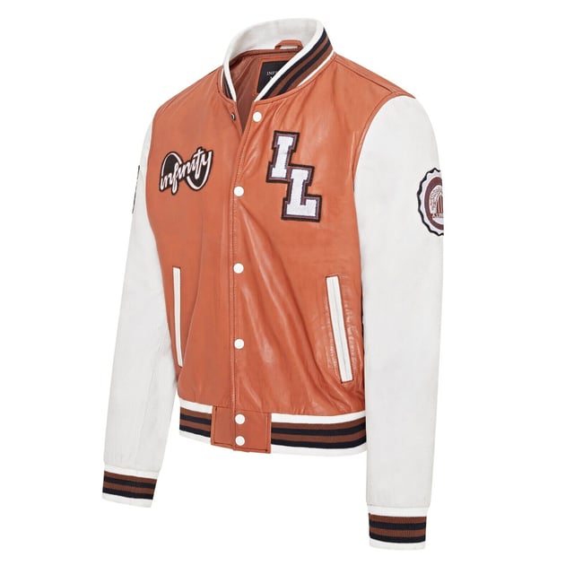 Introducing the Men's Baseball Leather Jacket, a perfect blend of classic varsity style and modern craftsmanship. This letterman bomber jacket features contrasting sleeves and a striped knit ribbed collar, waistband, and cuffs for a timeless athletic look. The press studs front closure and embroidered brand logo patches on the chest and sleeves add a touch of authenticity and flair. Designed with practicality in mind, it includes two jet pockets at the waist and two inside welt pockets for your essentials. The panelling to the back of the jacket ensures a tailored fit and superior comfort.

Contrasting sleeves for a stylish look
Striped knit ribbed collar, waistband, and cuffs for a classic finish
Press studs front closure for easy wear
Embroidered brand logo patches on the chest and sleeves for added detail
Two jet pockets at the waist and two inside welt pockets for convenience