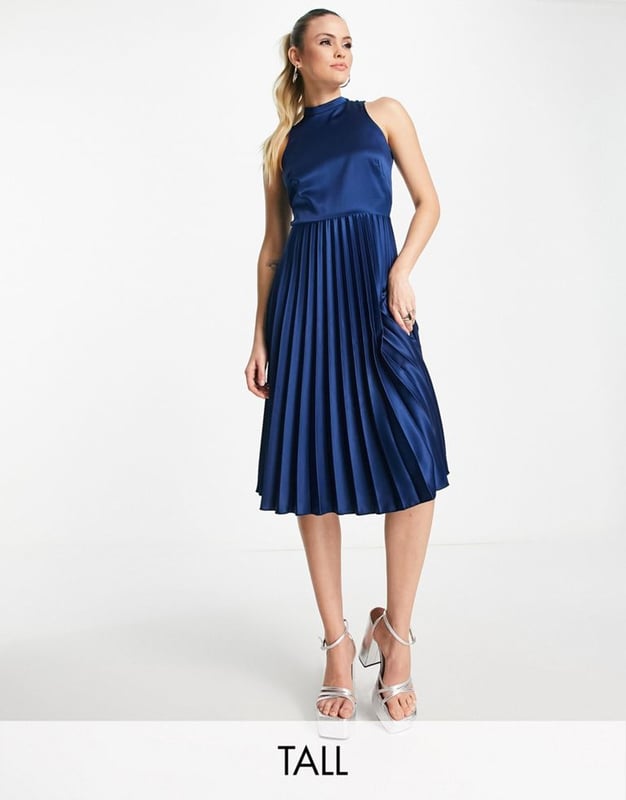 Closet London Tall high neck pleated midi dress in navy