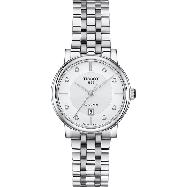 This Tissot Carson Premium Analogue Watch for Women is the perfect timepiece to wear or to gift. It's Silver 30 mm Round case combined with the comfortable Silver Stainless steel watch band will ensure you enjoy this stunning timepiece without any compromise. Operated by a high quality Automatic movement and water resistant to 5 bars, your watch will keep ticking. The Tissot Carson, an all-timer which will suit any time or place, will be the perfect partner to accompany you to every great occasion in your life so that every moment you live is right on time. This Analogue watch has a calendar function: Date and has a Swiss Made Movement High quality 19 cm length and 14 mm width Silver Stainless steel strap with a Deployment clasp Case diameter: 30 mm,case thickness: 10 mm, case colour: Silver and dial colour: Silver