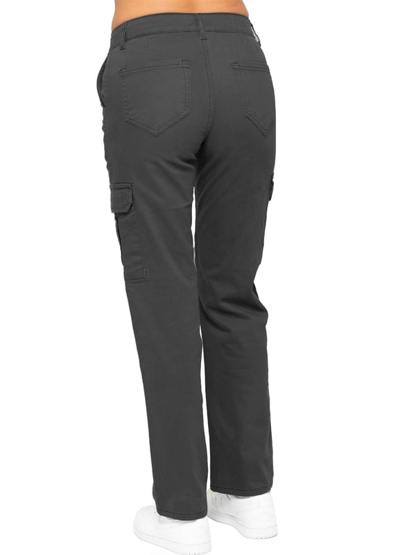 Enzo Women's Stretch Cargo Denim Jeans feature a straight-leg, regular fit design. They come with 2 front slash pockets, 2 side cargo pockets secured with Velcro fastening, and 2 back pockets for added convenience. The jeans have a zip fly closure and are perfect for both casual wear and workwear.