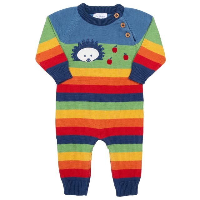 Bright and beautiful! Perfect for playing or snoozing, our hedgehog knitted romper is comfy, practical and great for the season. Featuring a rainbow stripe and cute knitted hedgehog design.