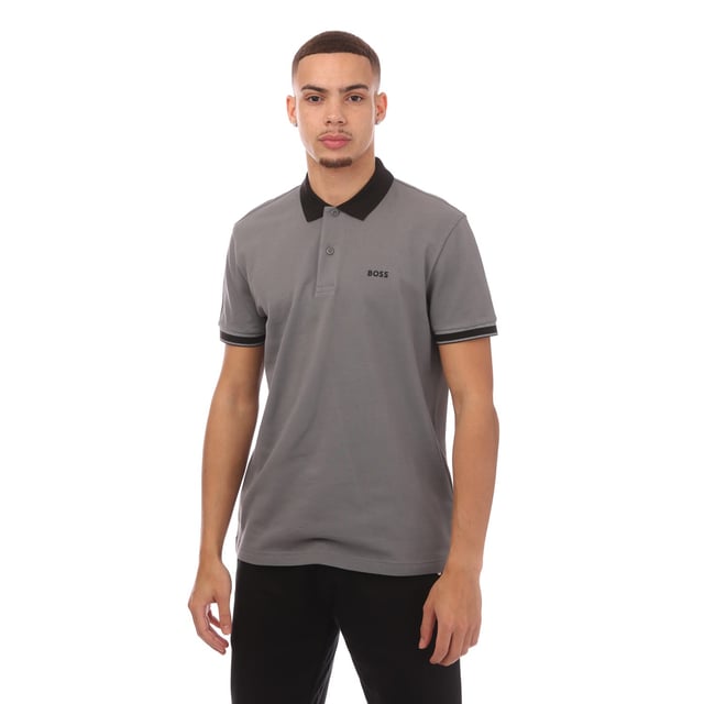 Mens BOSS Paddy 8 Polo Shirt in grey.- Ribbed polo collar.- Two button placket.- Tipping on collar and cuffs.- BOSS branding on the left chest.- Soft and breathable fabric.- Regular fit.- 100% Cotton.- Ref: 50519857251