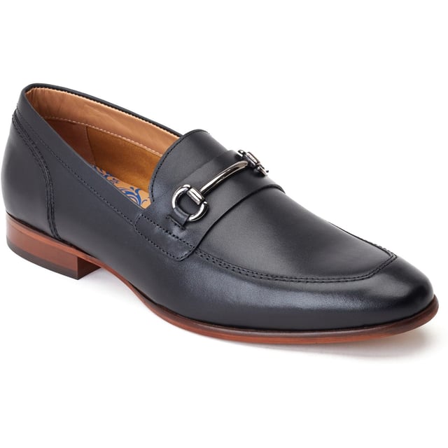 Base London Russo Leather Men's Black Loafers A refined addition to any man's footlocker, the Russo buckle loafer oozes sophistication. Genuine leather uppers, cushioned Ortholite insole and a polished horsebit buckle make Russo a no-brainer for the season.