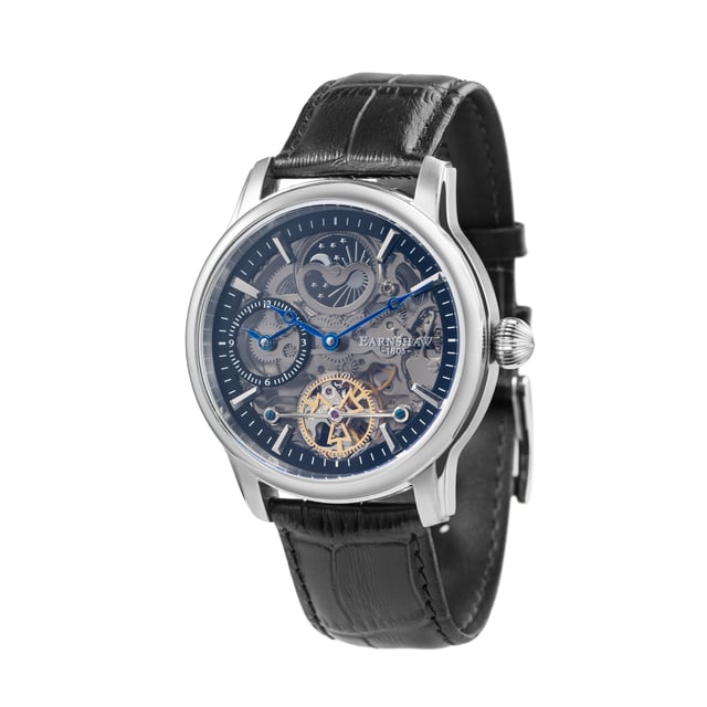 Drawing inspiration from the lines of Longitude, once the most crucial tool in navigating the seas, a large, classically formed case exhibits a complex yet precise piece of timekeeping mastery.