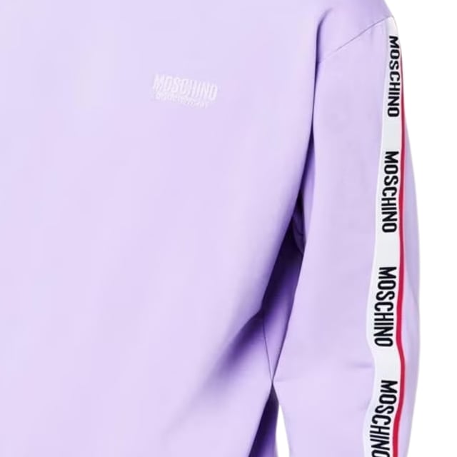 Moschino Purple Sweater, Elasticated Sleeve Ends and Waist, Crew Neck Jumper, 95% Cotton, 5% Elastane, Branded Tape Around The Arms, Moschino Collection, Regular Fit, Fits True To Size, Regular Fit, Fits True To Size, Taped Shoulder, Monotone Logo On Chest