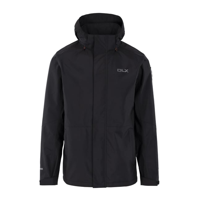 Material: Polyester, TPU Membrane. Fabric: 3 Layer. Design: Sleeve Patches, Text. Fabric Technology: Waterproof, Windproof. Cuff: Adjustable, Touch Fastening Tab. Neckline: Hooded. Sleeve-Type: Long-Sleeved. Taped Seams. Hood Features: Adjustable, Zip-Off. Pockets: 2 Side Pockets, Inner, Zip. Fastening: Full Zip. Hem: Drawcord.