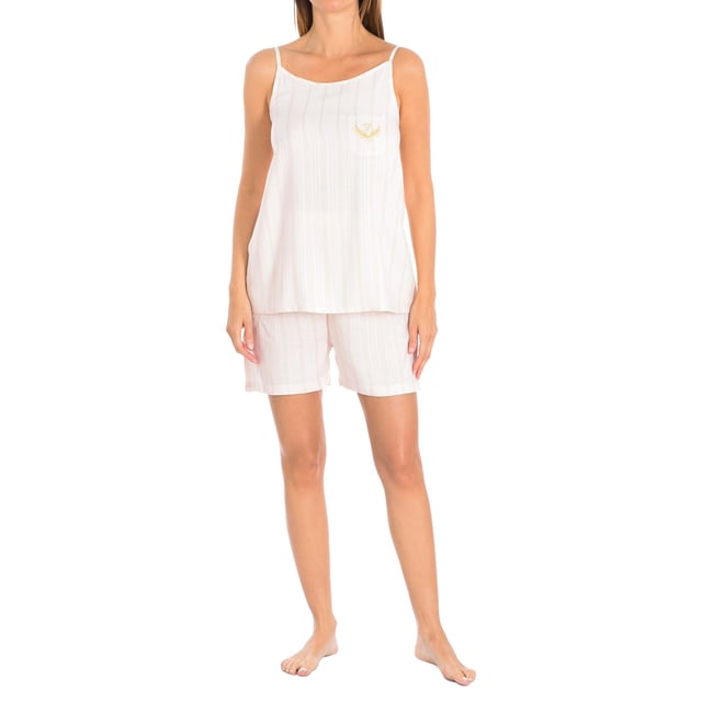 Pyjamas med axelband och shorts.\n Rosa färg\n Justerbara remmar.\n Byxor med elastisk linning.\n Sömmarna syns i ton.\n\n Sammansättning: 98% viskos, 2% sim\n\n Tvättas i max temperatur 30º.\n - Får inte blekas.\n - Använd inte torktumlare.\n - Får inte strykas.\n - Får inte kemtvättas.\n Sammansättning: 98% viskos, 2% sim\n Skötsel:\nTvätta vid max temperatur. 30º.\n - Använd inte blekmedel.\n - Använd inte torktumlare.\n - Får inte strykas.\n - Får inte kemtvättas.