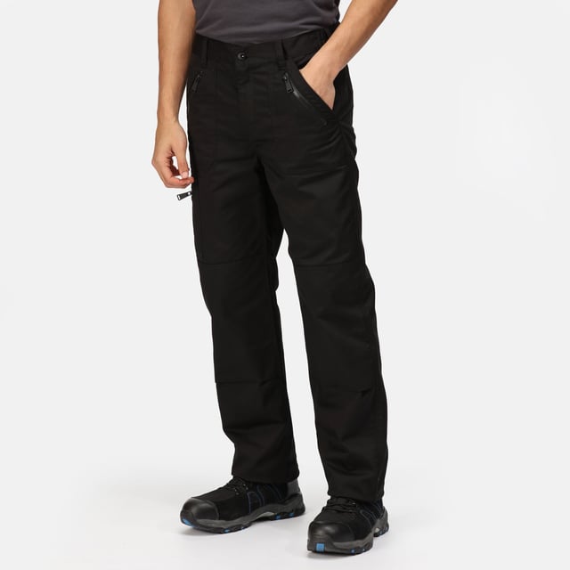 Mens waterproof trousers made of hardwearing Polycotton fabric. Fabric weight 245 g/m2. Water repellent coating. Part-elasticated waist. Knee pad pockets. Belt loops. Zip fly opening. Metal Shank button to CF fasten. 2 front pockets, 1 with small coin pocket. Multi zip pockets. 1 side zipped pocket. 2 back pockets. Reinforced crotch seam. Reinforced seams with triple stitching. 65% Polyester  35% Cotton.