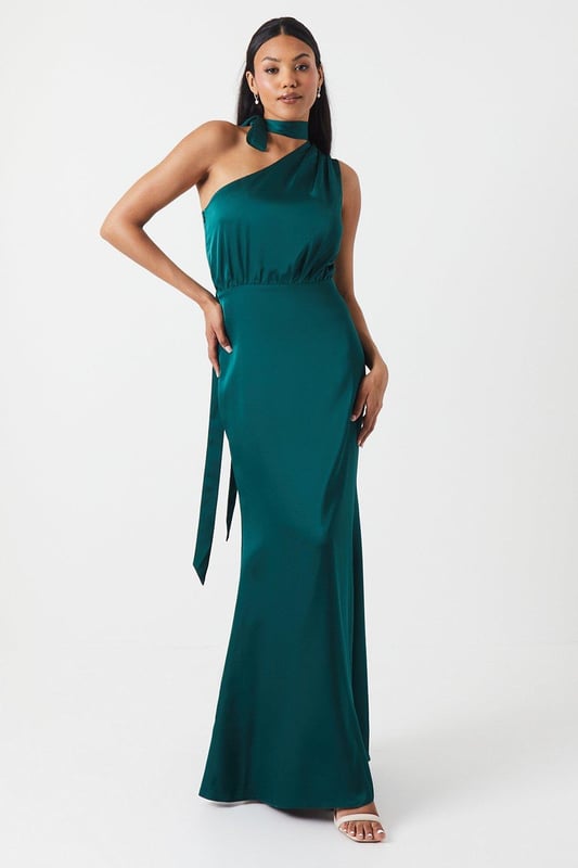 One Shoulder Tie Neck Satin Bridesmaids Dress