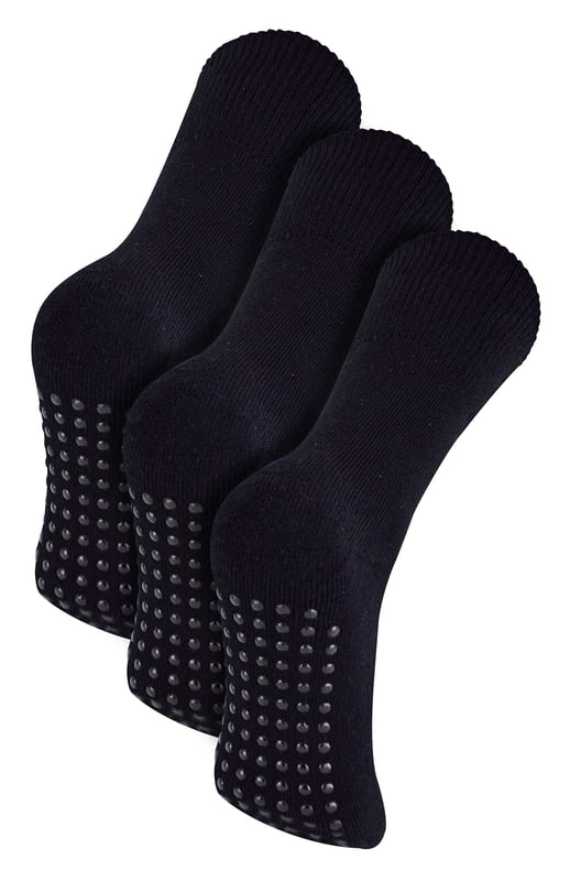 Bamboo Thermal Socks by THMO bring you the highest level of comfort with these soft, natural bamboo socks. Made from organic cotton yarn and super soft bamboo fibres, these socks provide comfort and warmth all day long.The high quality bamboo offers a softer and luxurious feel on your feet, helping you to stay relaxed and comfortable especially during the winter months. These anti slip grip socks have been designed to prevent you from slipping on surfaces such as hard wooden floors or kitchen tiles. The dotted design on the foot of the sock is simple but effective.Bamboo fibres are thermo-regulating, which help your feet stay warm during the cold months of Winter. The thermal properties in these socks provide an extra layer of insulation, allowing your feet to stay warm.These socks have a stretchy comfort top that moulds to your leg to reduce constriction rings and tightness, which allows for regular circulation. As well as all day comfort, these socks feature a cushioned foot bed providing your feet with an extra layer of support.These socks come in a pack of three and are available in Black. Made From 43% Viscose (From Bamboo), 40% Organic Cotton, 12% Polyester, 3% Polyamide, 2% Elastane, they are available in sizes 4-8 UK, 6-11 UK & 12-14 UK and are Machine Washable at 40.