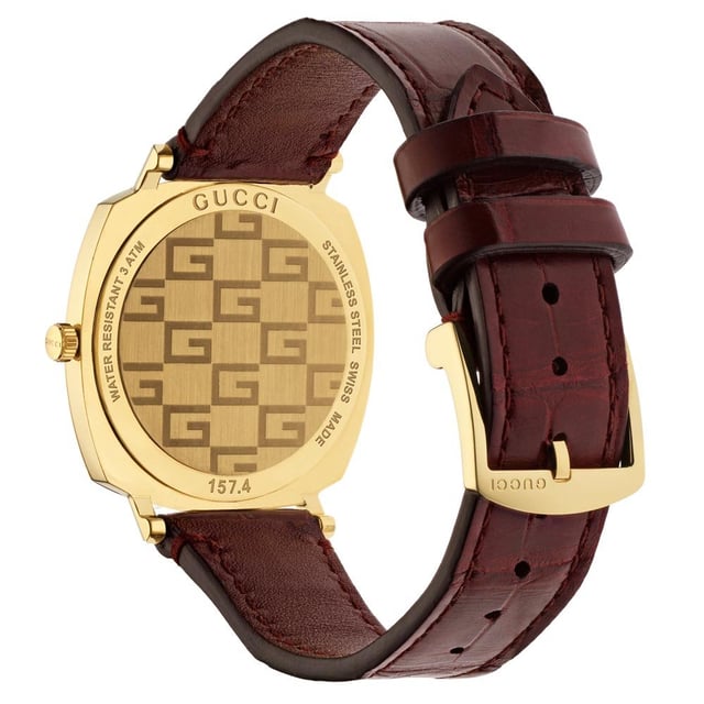 Manufacturer Product Number: YA157405 Category: Watches Brand: GUCCI Water Resistant: 30 Meters Recipient: Unisex Movement: Quartz Case Material: Stainless Steel & PVD Yellow Gold Dial Colour: White Strap Material: Alligator Diameter: 35mm Brand Collections: Grip