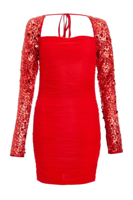 Red Mesh Embellished Sleeves Mini Dress