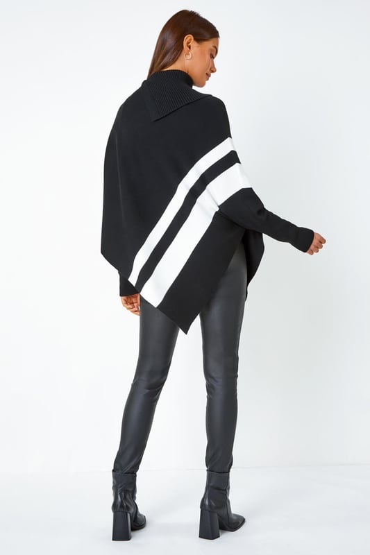 Roll Neck Wool Blend Stripe Poncho from Roman. Add some interesting knits to your collection this season with this asymmetric, stripe print poncho. Cut from a soft, wool-blend knit, this piece features a cosy roll neck and full-length sleeves. Adorned in a bold stripe print this poncho will make a seasonal statement this Autumn. Pair with leather trousers and boots for an on-trend, everyday style perfect for Christmas markets and cosy days out!
