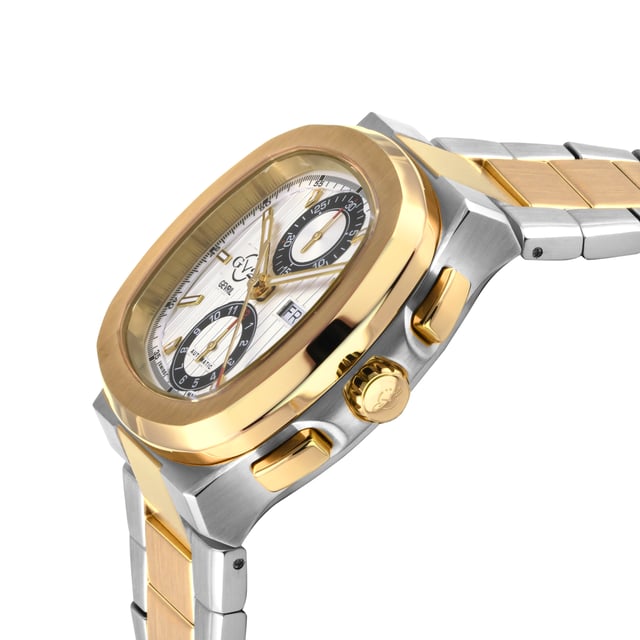 Reloj cronógrafo automático suizo GV2 Potente para hombre modelo 18503B

Reloj cronógrafo automático suizo para hombre de la colección Potente de GV2
Caja de acero inoxidable 316L de 40 mm, Esfera plateada con textura de cojín
Corona de empuje-tire, Subdiales con día y fecha a las 5
Manecillas y marcadores de horas luminosos
Brazalete de acero inoxidable bicolor SS IPYG satinado y pulido con hebilla de despliegue
Cristal de zafiro antirreflectante
Resistente al agua hasta los 50 metros/5ATM
Movimiento cronógrafo automático suizo ETA 7750