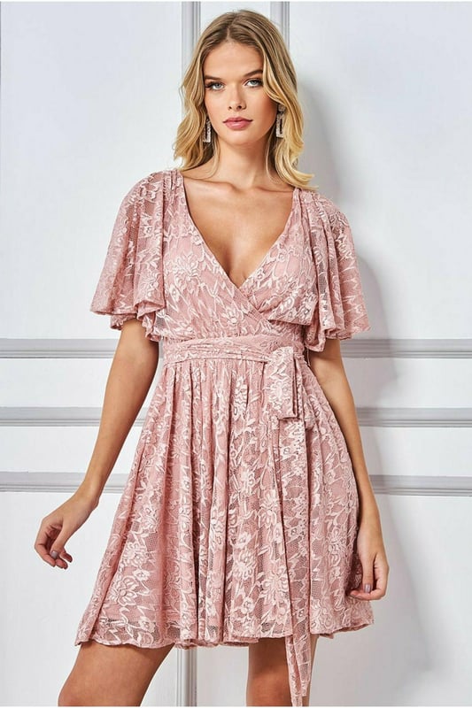 Lace Kimono Wrap Skater Mini Dress