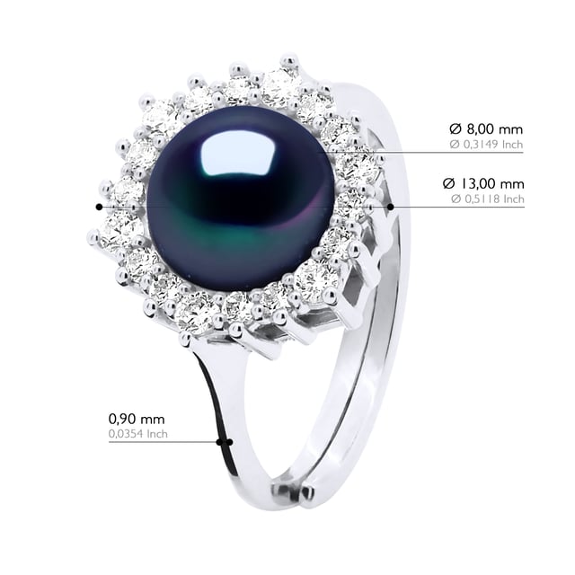 Ring Jewelry - Real Cultured Freshwater Pearl Button 8-9 mm - Jewelry Paving Cubic Zirconia - Silver 925 Rhodium plated - COLOR "BLACK TAHITIAN STYLE" - Size adjustable from Size 48 to Size 62 - Delivered in box and with its Certificate of Authenticity and International Guarantee - MADE IN FRANCE