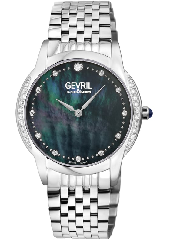 Gevril Airolo - Diamond
Gevril’s simply stunning Airolo collection is the elegant epitome of minimalist approach creating maximalist effect. With a carefully crafted design that lets the art of subtlety speak for itself, Airolo is a diamond-forward class act.

The Airolo Collection, Gevril Women's Swiss Diamond Watch, gathers inspiration from the breathtaking resort town deep in the Swiss Alps where the heart of three valleys meets. This stunner takes the best of all its influences: solid craftsmanship, style and romance create an impactful timepiece for the ages.

With a 36mm round stainless steel, polished case, brilliant mother of pearl dial, Airolo radiantly features 12 diamonds as time indices. The diamonds don’t end there… in three equally winning options, Airolo has a clean, stainless-steel bezel, a half diamond bezel with over half of a carat of 34 diamonds or a full diamond bezel with close to a carat of 56 diamonds. All with expert clarity and color. A push pull crown with blue cabochon stone adds one final detail to the already alluring watch that comes with either a genuine Italian Pearl Finished leather strap or a stainless-steel bracelet. You simply cannot go wrong.

Gevril’s Airolo collection is effectively sleek and chic, a feat for a diamond dazzler. No matter the option, a timepiece like Airolo is timeless.

Gevril 13147B Airolo Swiss Quartz Diamond Watch

Gevril Women's Swiss Quartz Diamond Watch from the Airolo Collection
36mm Round SS Polished Case, White MOP Dial
56 Diamonds on case 0.92 TCW, 12 Diamonds on Dial 0.2 TCW, Clarity VS, Color FG
Push Pull crown with Blue Cabochon Stone
SS Screw in case back, Limited Edition 01/500
316L Stainless Steel Bracelet with Deployment Buckle
Anti-reflective Sapphire Crystal
5 ATM (50 Meters 165 Feet)
Swiss Quartz Movement Ronda 762