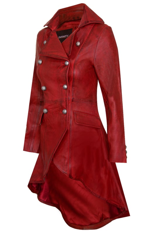 Entra en el encantador reino de la elegancia gótica con nuestro abrigo de cuero gótico para mujer, una sorprendente fusión de estilos eduardiano y victoriano infundido con un toque punk gótico moderno. El abrigo de cuero gótico para mujer combina elementos históricos con matices punk góticos contemporáneos, perfecto para quienes buscan una declaración de moda audaz y distintiva que trascienda épocas. Características del diseño: fusiona a la perfección el diseño de gabardina a medida con un estilo gótico distintivo para una apariencia única y audaz. Fabricado con cuero de alta calidad, lo que garantiza durabilidad y una sensación opulenta para una inversión de guardarropa a largo plazo. El clásico cierre de botones cruzados agrega encanto vintage y sofisticación atemporal a la estética del abrigo. La dramática confección del dobladillo presenta una silueta femenina que recuerda a la moda eduardiana y victoriana, agregando atractivo visual. Hecho 100% de cuero, este abrigo rezuma lujo y construcción de calidad, atrayendo a los entusiastas de la moda que buscan una pieza de declaración única.