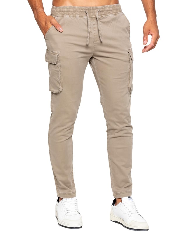 Enzo Mens Cargo Trousers. Regular Fit, Straight Leg, Enzyme Wash. 5 Pocket Design. 2 Side Pockets, 2 Cargo Pockets With Velcro Fastening. Single Back Welt Pocket. Elasticated Waistband With Adjustable Drawstring