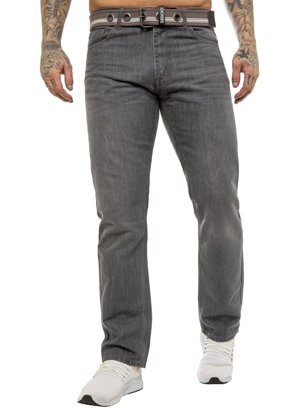 Enzo Mens Regular Fit Jeans. Free Belt Included (Belt colour may vary). 5 Pockets including the Coin Pocket. Branded Buttons and Rivets. Midrise Zip Fly Fastening.(EZ399)