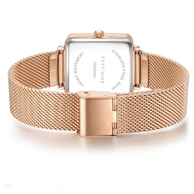 If you like to show corners and edges, this women's watch of the Eastside label will love! Edgy, urban and yet elegant-timeless, she picks up the attitude to life of the New York district of Eastside. Eyecatcher is the square, IP-coated housing that gives the timepiece its striking character. Subtle line of line and Obélisque pointers emphasize the puristic design concept, rounded off by a stylish IP-Goldeted Milanaise Ellar Arm strap in rose gold. The safe sliding closure ensures quick adaptability and high comfort. The high-end quartz watchwerk offers precision, as well as the simple date display.