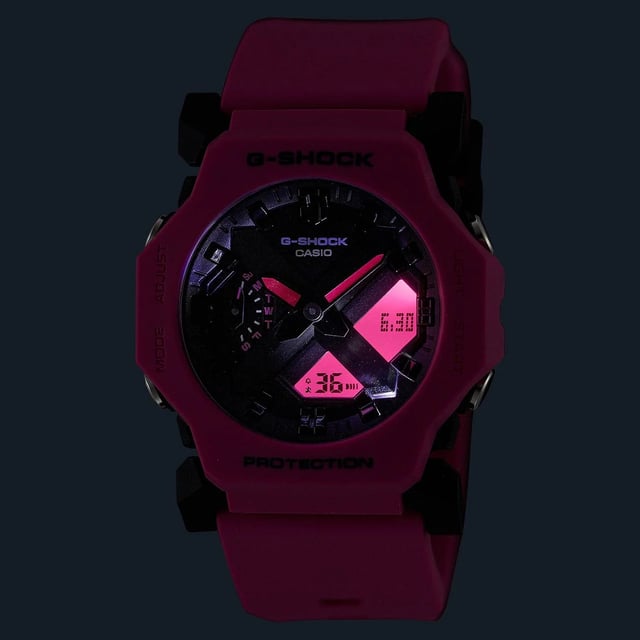 This Casio G-shock Analogue-Digital Watch for Women is the perfect timepiece to wear or to gift. It's Pink 40 mm Round case combined with the comfortable Pink Plastic watch band will ensure you enjoy this stunning timepiece without any compromise. Operated by a high quality Quartz movement and water resistant to 20 bars, your watch will keep ticking. Vintage fashion meets modern functionality, delivering retro styling with up-to-date features. This Analogue-Digital watch has a calendar function: Day-Date as well as Stop Watch , Countdown , Worldtime , Alarm and Light High quality 19 cm length and 24 mm width Pink Plastic strap with a Buckle Case diameter: 40 mm,case thickness: 11 mm, case colour: Pink and dial colour: Black