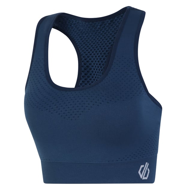 Material: 92% polyamide, 8% elastane. Medium impact sports bra. SeamSmart technology. Q-Wic plus seamless nylon/elastane or polyester/elastane knitted fabric. Anti-bacterial odour control treatment. Good wicking performance. Quick drying. Removable pads. Racer back design. Chest sizes to fit: (XS): 76-81cm, (S): 87cm, (M): 89-97cm, (L): 99-107cm.