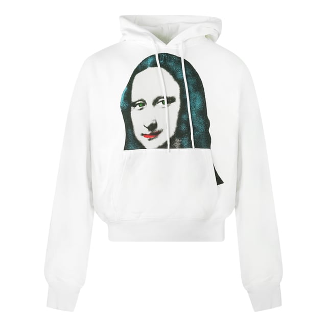 Sudadera con capucha blanca con logo estampado Mona Lisa. Sudadera con capucha blanca blanquecina. Impresión de Mona Lisa. Terminaciones elásticas en mangas y dobladillo. Capucha ajustable con cordón. Código de estilo: OMBB037E20FLE0090110