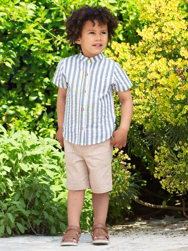 98% organic cotton 2% elastane | Apple enzyme washed for a soft hand feel | Buff | Twill fabric with a little stretch | Side pockets and back welt pockets | Elasticated waistband with adjustable ties | Mock fly detail | Made in Turkey | Machine washable at 40 degrees, or at 30 degrees to be kinder to the planet