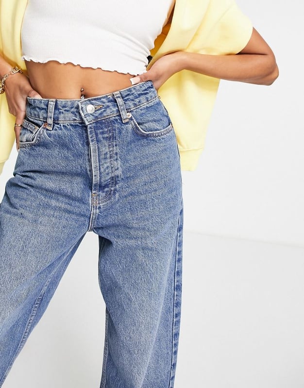 Topshop Petite oversized Mom jean in mid blue