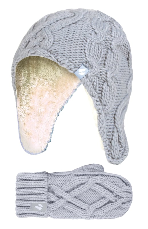 Introducing these cable cosy knitted-like design on hats and mittens for girls! For a much warmer and cosy feel, these Heat Holders matching set of hats and mittens include Heatweaver® insulation which is a plush fur-like thermal lining that maximizes the amount of warm air held close to the skin. Heat Holders use a specially developed thermal yarn provides high performance insulation against cold with superior moisture breathing abilities. Their stretchable construction contours around the natural shape of your body for improved fit, warmth and comfort. These hats feature an adorable pom pom detail on the top of the hat, and the end of the long ear flaps, further providing more warmth and comfort to your child's head. The mittens feature a cosy turn over cuff which enables you to adjust the cuff at the wrists. The cable knit design offers a Winter look which will complete any Winter ensemble! Whether you're looking to keep your daughter warm or look stylish, these cute hat and mittens will do just the job this Winter! Let your child play in snow whilst staying warm in these super soft winter collection. Stock up for the cold season with these lovely Heat Holders warm and mittens for your child. These hat and mittens come in 4 different colours of Frost Grey, Buttercream, Dusty Blue, and Dusky Pink. They are available in ages 3-6 years.