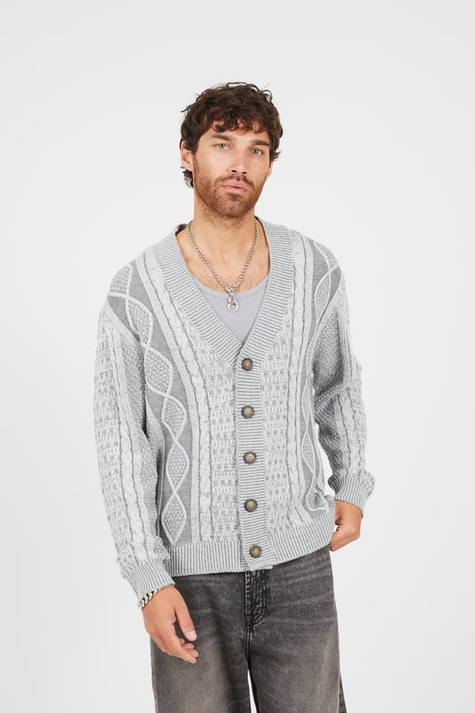 Grey Button Through Oversized Cable Knit Cardigan