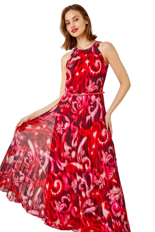 Swirl Print Pleated Maxi Dress