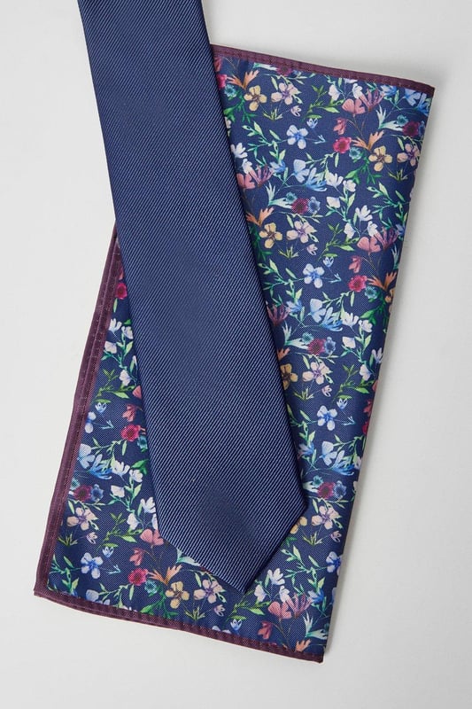 Autumn Navy Tie And Floral Pocket Square