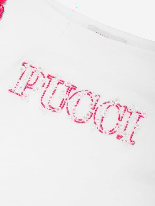 Emilio Pucci embody passion and high quality craftsmanship in their beautiful aesthetics. This girls logo t-shirt in white is a captivating choice. Crafted in refined cotton with silver 'Pucci' sequin detailing in the centre. It is a piece to love and adore. She will look and feel divine.  Crew Neck Short Sleeves  Straight Hem 100% Cotton