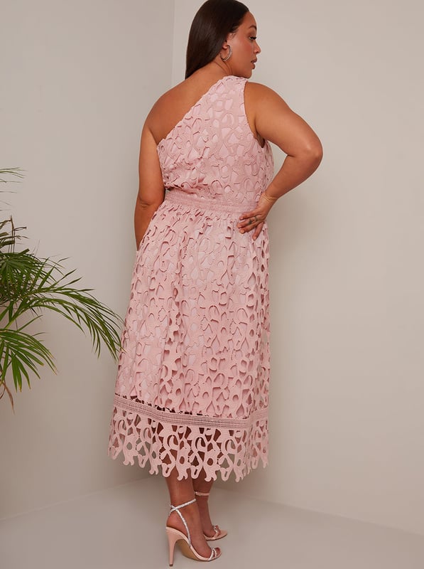 One Shoulder Premium Lace Dress One Shoulder Premium Lace Midi Dress In  White