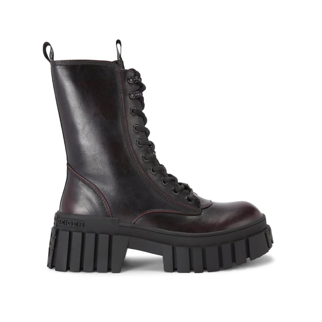 The KG Kurt Geiger Tegan Lace Up boot is a black boot with wine upper which features a KG Kurt Geiger logo printed on ribbed textile with print stitch detailing can be seen at the tongue as well as a black rubber monocle on the tongue.