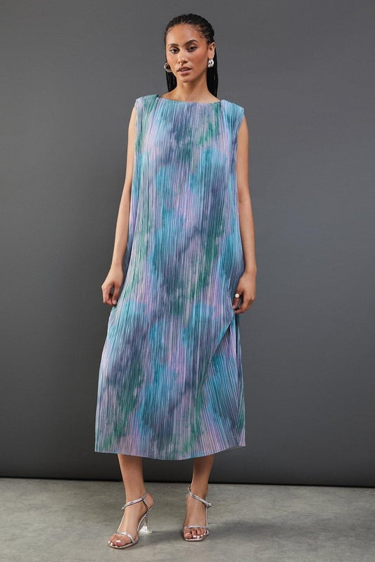 Printed Tie Dye Plisse Shoulder Pad Sleeveless Midi Dress Printed Tie Dye Plisse Shoulder Pad Sleeveless Midi Dress