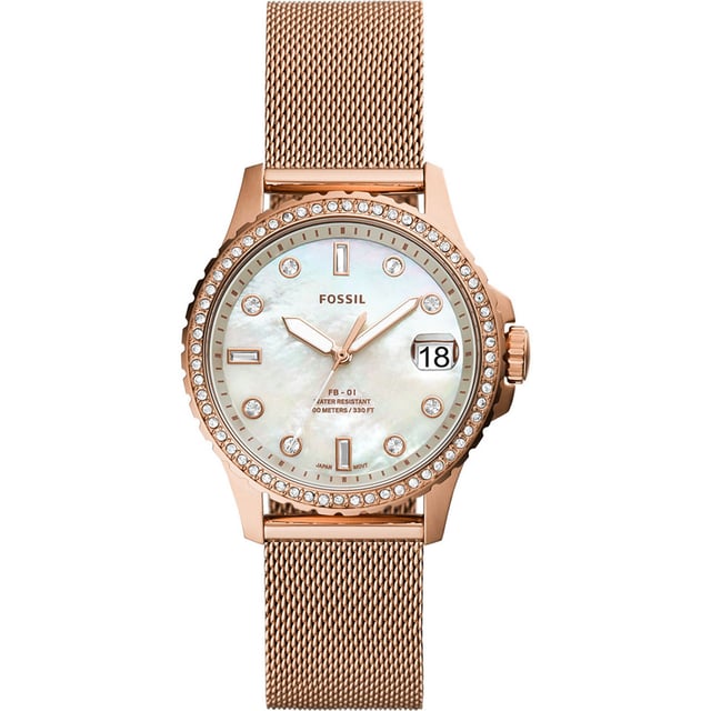 This Fossil Fb-01 Analogue Watch for Women is the perfect timepiece to wear or to gift. It's Rose Gold 36 mm Round case combined with the comfortable Rose Gold Stainless steel watch band will ensure you enjoy this stunning timepiece without any compromise. Operated by a high quality Quartz movement and water resistant to 10 bars, your watch will keep ticking. This elegant, fashionable watch set with beautiful stones is a perfect gift for New Year, birthday,valentine's day and so on -The watch has a Calendar function: Date, Luminous Hands High quality 19 cm length and 17 mm width Rose Gold Stainless steel strap with a Fold over clasp Case diameter: 36 mm,case thickness: 9 mm, case colour: Rose Gold and dial colour: Mother of pearl