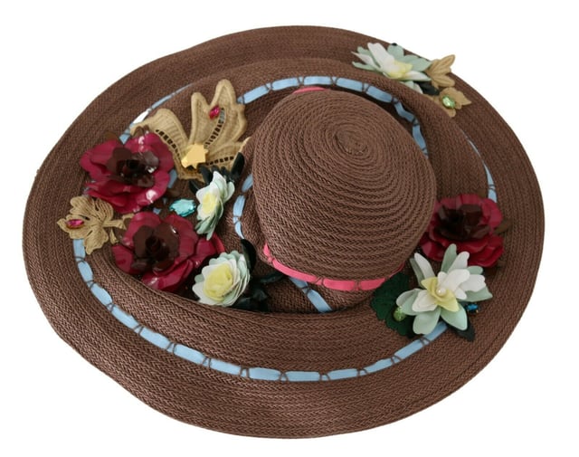 100% authentic Dolce & Gabbana wide brim hat
  Floral design in brown
  Made from 95% cellulose 3% polyester and 2% acrylic
  Logo details
  Made in Italy
Material: 95% Cellulose 3% Polyester 2% Acrylic